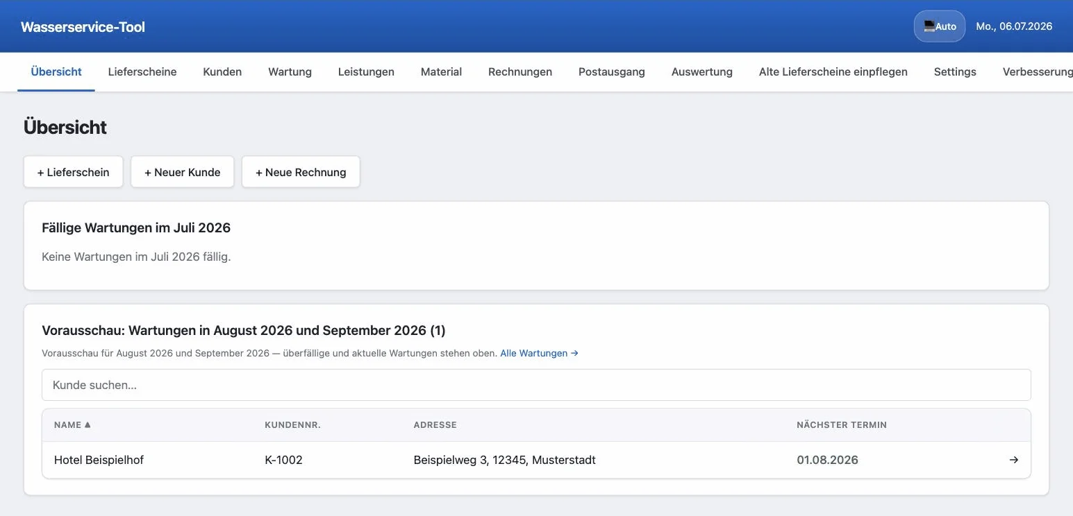 Wasserservice-Tool: Übersicht mit fälligen Wartungen und Zwei-Monats-Vorausschau